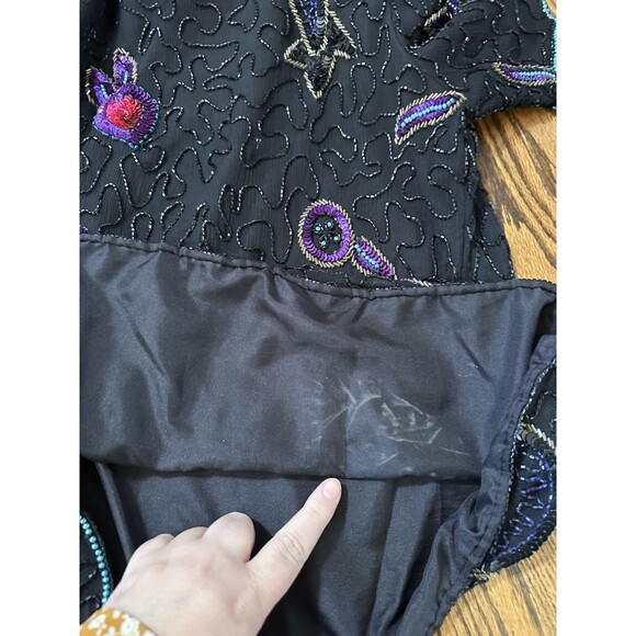 Vintage Lawrence Kazar Size M Black 100% Silk Beaded Sequin Evening Top Whimsy - Picture 8 of 9